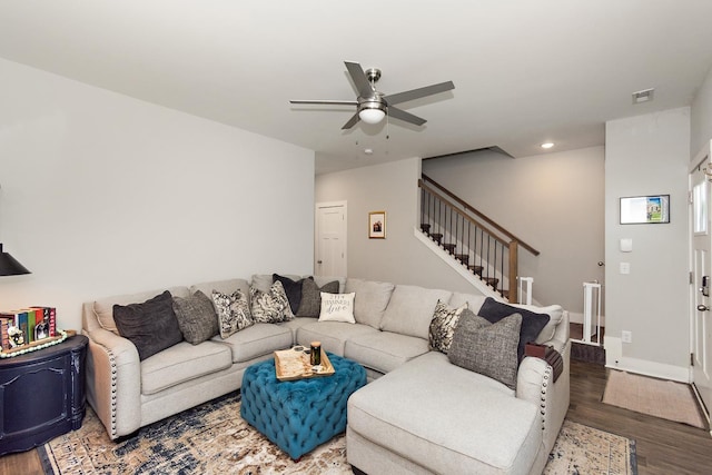 2163 Bayport Ave, Old Hickory, TN 37138 - living room featuring stairway, ceiling fan, wood finished floors, and recessed lighting