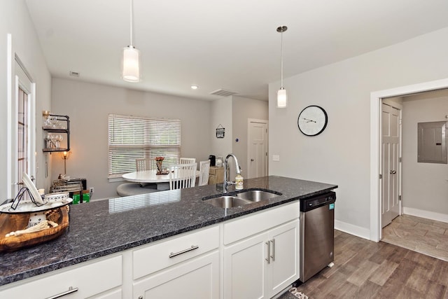 2163 Bayport Ave, Old Hickory, TN 37138 - kitchen with dishwasher, dark wood-type flooring, white cabinetry, and hanging light fixtures