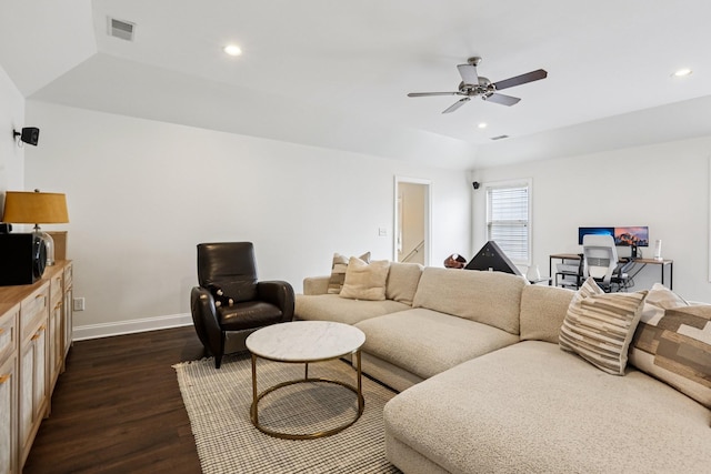305 White Moss Pl, Franklin, TN 37064 - living area featuring dark wood finished floors, a ceiling fan, and recessed lighting