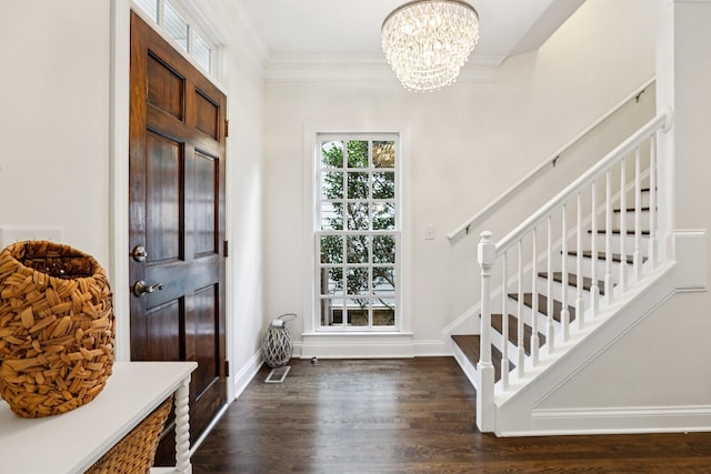 305 White Moss Pl, Franklin, TN 37064 - entryway featuring stairs, a chandelier, dark wood-style floors, and crown molding