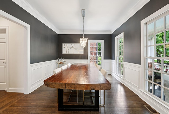 305 White Moss Pl, Franklin, TN 37064 - dining area with a chandelier, ornamental molding, a wainscoted wall, dark wood finished floors, and a decorative wall
