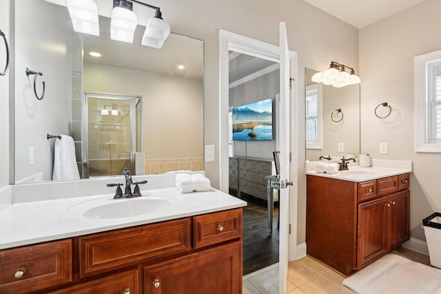305 White Moss Pl, Franklin, TN 37064 - full bathroom with vanity, a shower stall, and tile patterned floors