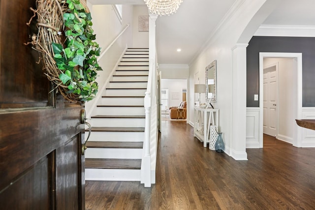 305 White Moss Pl, Franklin, TN 37064 - foyer entrance with wood finished floors, stairway, ornamental molding, recessed lighting, and ornate columns