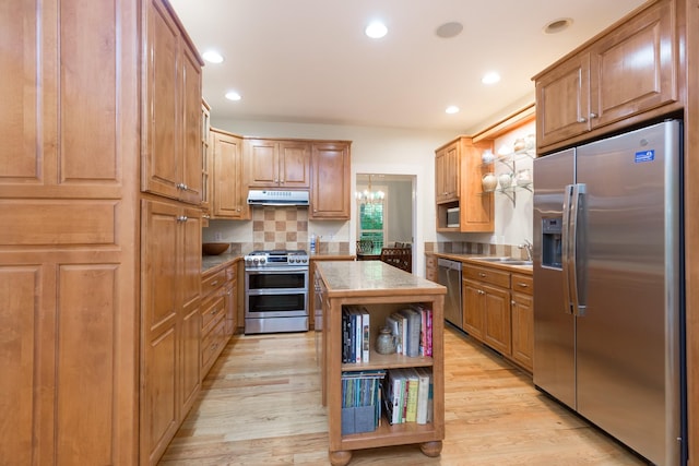 238 Wiggins Creek Dr, Sewanee, TN 37375 - kitchen featuring stainless steel appliances, open shelves, backsplash, a center island, and under cabinet range hood