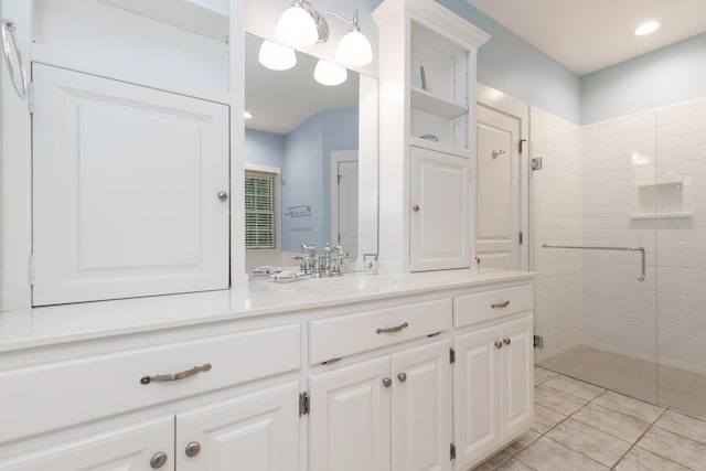 238 Wiggins Creek Dr, Sewanee, TN 37375 - bathroom featuring a stall shower, vanity, tile patterned floors, and recessed lighting