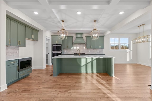 17 Peyton Pl, Columbia, TN 38401 - kitchen featuring custom range hood, green cabinetry, appliances with stainless steel finishes, coffered ceiling, and decorative backsplash