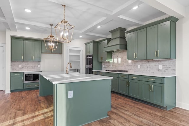 17 Peyton Pl, Columbia, TN 38401 - kitchen featuring coffered ceiling, custom exhaust hood, green cabinetry, a chandelier, and light countertops