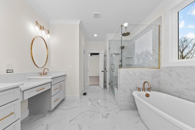 17 Peyton Pl, Columbia, TN 38401 - full bathroom with vanity, a marble finish shower, a soaking tub, crown molding, and marble look tile flooring