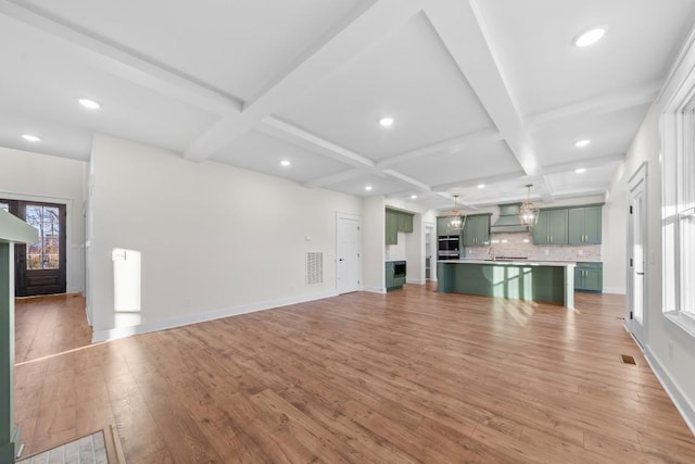 17 Peyton Pl, Columbia, TN 38401 - unfurnished living room featuring coffered ceiling, light wood finished floors, recessed lighting, and beam ceiling