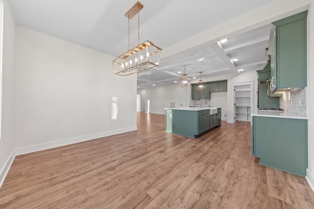 17 Peyton Pl, Columbia, TN 38401 - kitchen with green cabinets, a chandelier, coffered ceiling, open floor plan, and light wood-type flooring