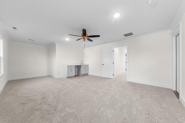 17 Peyton Pl, Columbia, TN 38401 - unfurnished living room with a ceiling fan, ornamental molding, light colored carpet, and recessed lighting