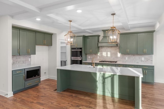 17 Peyton Pl, Columbia, TN 38401 - kitchen featuring green cabinetry, appliances with stainless steel finishes, wall chimney exhaust hood, light countertops, and recessed lighting