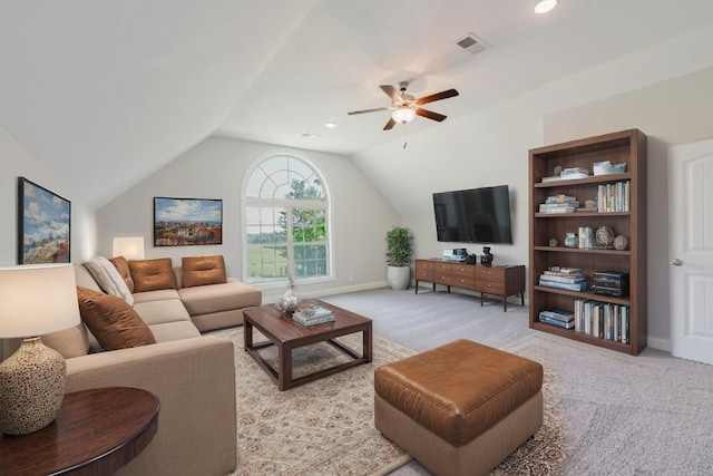 1210 Black Rd, Cunningham, TN 37052 - living area featuring vaulted ceiling, a ceiling fan, and light carpet