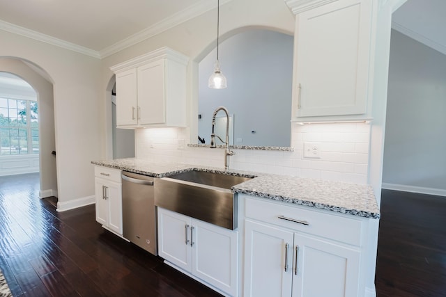 1210 Black Rd, Cunningham, TN 37052 - kitchen featuring dishwasher, dark wood-type flooring, light stone counters, white cabinetry, and ornamental molding