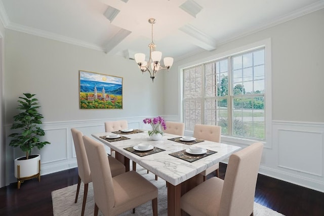 1210 Black Rd, Cunningham, TN 37052 - dining area featuring a decorative wall, crown molding, dark wood-style floors, coffered ceiling, and a chandelier