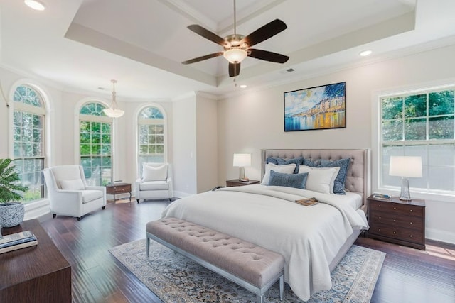 1210 Black Rd, Cunningham, TN 37052 - bedroom featuring a tray ceiling, ornamental molding, wood finished floors, recessed lighting, and a ceiling fan
