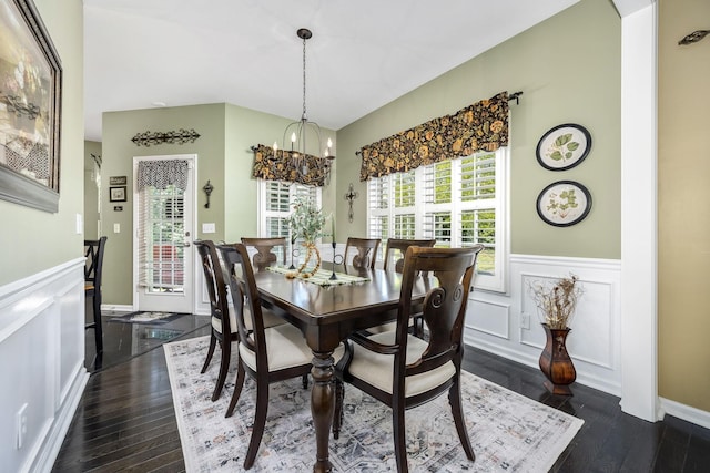 939 Central Valley Rd, Murfreesboro, TN 37129 - dining room featuring wainscoting, dark wood-type flooring, a decorative wall, and a chandelier