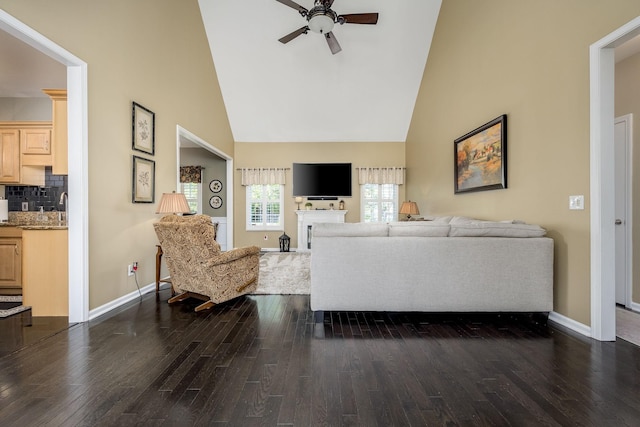 939 Central Valley Rd, Murfreesboro, TN 37129 - living area with high vaulted ceiling, ceiling fan, and dark wood-type flooring
