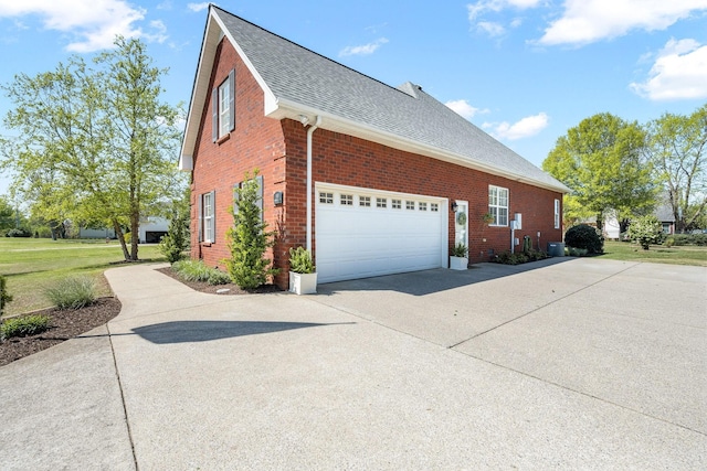 939 Central Valley Rd, Murfreesboro, TN 37129 - view of side of home with concrete driveway, brick siding, a shingled roof, a yard, and a garage