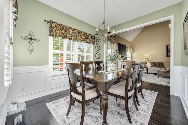 939 Central Valley Rd, Murfreesboro, TN 37129 - dining space with dark wood finished floors, a chandelier, a wainscoted wall, a decorative wall, and lofted ceiling