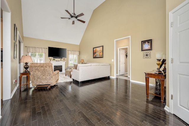 939 Central Valley Rd, Murfreesboro, TN 37129 - living area featuring high vaulted ceiling, a ceiling fan, wood finished floors, and a fireplace