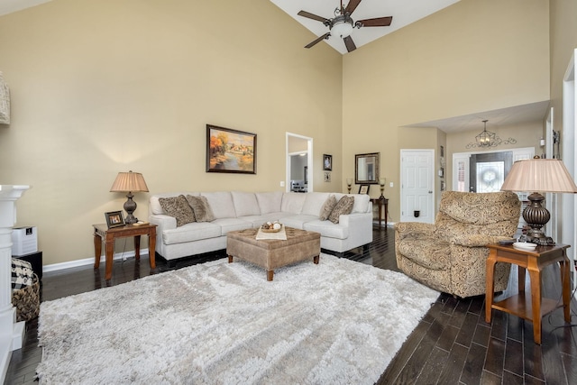 939 Central Valley Rd, Murfreesboro, TN 37129 - living area with a ceiling fan, dark wood-style flooring, and high vaulted ceiling