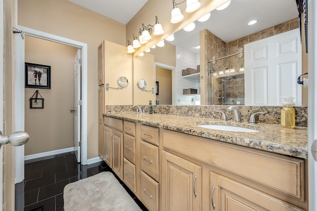 939 Central Valley Rd, Murfreesboro, TN 37129 - full bathroom with double vanity, tiled shower, and tile patterned flooring
