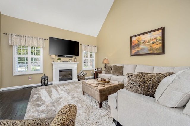 939 Central Valley Rd, Murfreesboro, TN 37129 - living room with hardwood / wood-style floors, a glass covered fireplace, and high vaulted ceiling