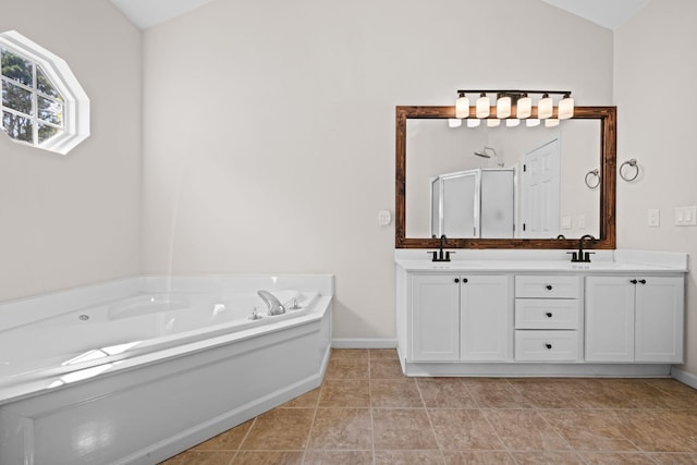 1204 Corlew Dr, Burns, TN 37029 - bathroom featuring a shower stall, a bath, double vanity, lofted ceiling, and tile patterned floors