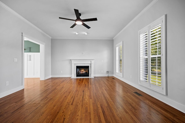 1204 Corlew Dr, Burns, TN 37029 - unfurnished living room with ceiling fan, ornamental molding, wood finished floors, and a fireplace