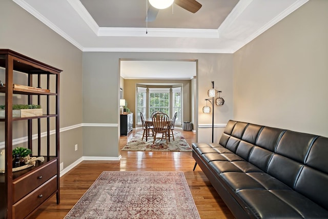 1511 Cardinal Ln, Mount Juliet, TN 37122 - living room with wood finished floors, a raised ceiling, ceiling fan, and ornamental molding