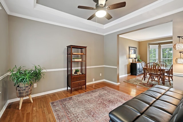 1511 Cardinal Ln, Mount Juliet, TN 37122 - living area featuring wood-type flooring, a tray ceiling, a ceiling fan, and crown molding