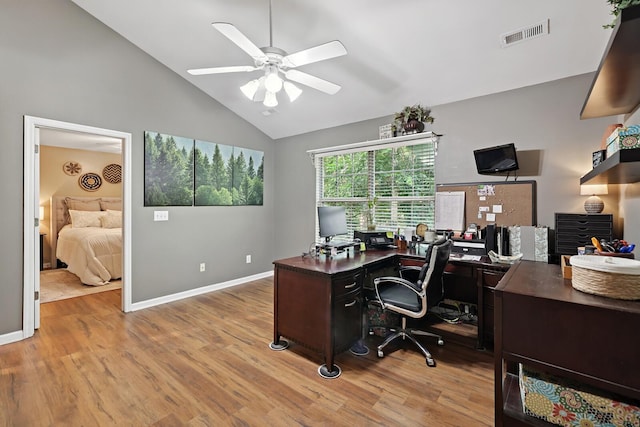 1511 Cardinal Ln, Mount Juliet, TN 37122 - office area with wood finished floors, a ceiling fan, and high vaulted ceiling