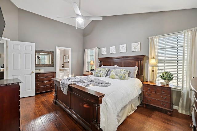 1511 Cardinal Ln, Mount Juliet, TN 37122 - bedroom featuring high vaulted ceiling, dark wood-style floors, connected bathroom, and ceiling fan