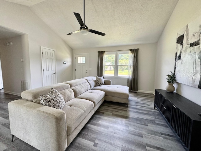 3409 Dutton Ct, Murfreesboro, TN 37130 - living area with vaulted ceiling, a ceiling fan, wood finished floors, and a textured ceiling