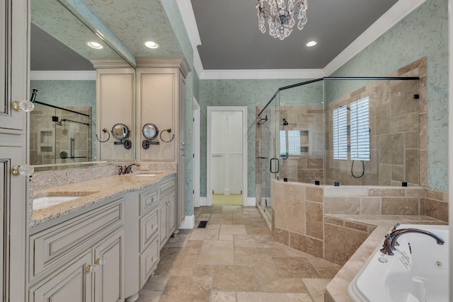 1512 Mirabella Way, Murfreesboro, TN 37130 - bathroom with ornamental molding, a whirlpool tub, stone tile flooring, a shower stall, and double vanity