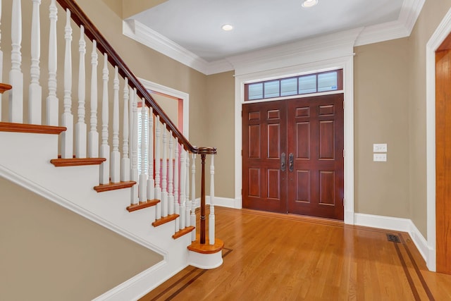 1512 Mirabella Way, Murfreesboro, TN 37130 - entryway with wood finished floors, stairs, ornamental molding, and recessed lighting