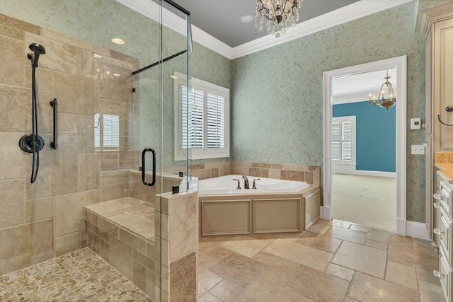 1512 Mirabella Way, Murfreesboro, TN 37130 - bathroom featuring a chandelier, ornamental molding, a bath, a stall shower, and vanity