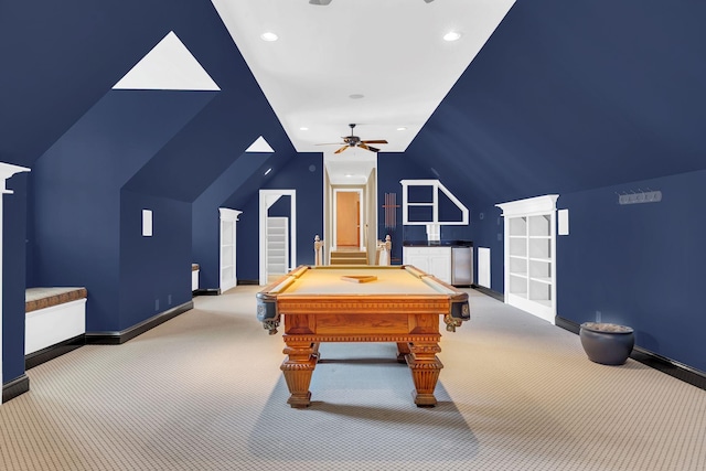 1512 Mirabella Way, Murfreesboro, TN 37130 - recreation room with carpet, vaulted ceiling, recessed lighting, a ceiling fan, and pool table