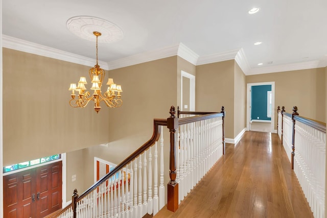 1512 Mirabella Way, Murfreesboro, TN 37130 - corridor with a chandelier, recessed lighting, wood finished floors, crown molding, and an upstairs landing