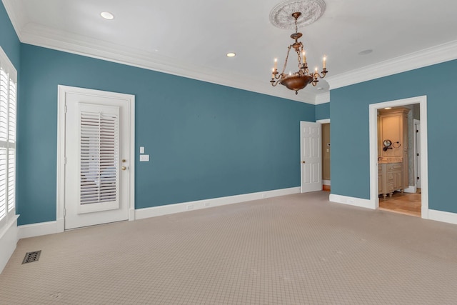 1512 Mirabella Way, Murfreesboro, TN 37130 - spare room with a chandelier, crown molding, light carpet, plenty of natural light, and recessed lighting