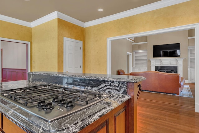 1512 Mirabella Way, Murfreesboro, TN 37130 - kitchen featuring stainless steel gas cooktop, wood finished floors, dark stone countertops, ornamental molding, and a fireplace