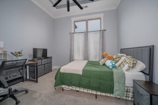 822 Manner Ln, Lebanon, TN 37087 - carpeted bedroom featuring a desk, ornamental molding, vaulted ceiling, and a ceiling fan