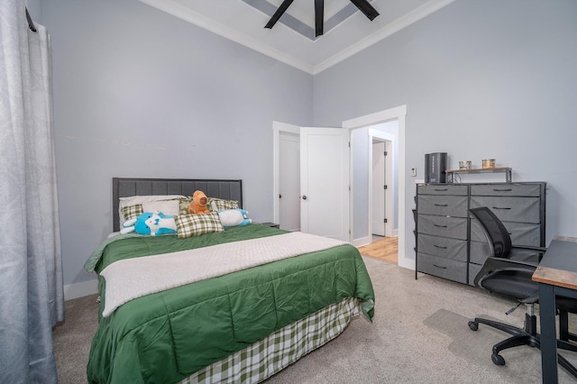 822 Manner Ln, Lebanon, TN 37087 - bedroom with high vaulted ceiling, crown molding, carpet flooring, a desk, and a ceiling fan