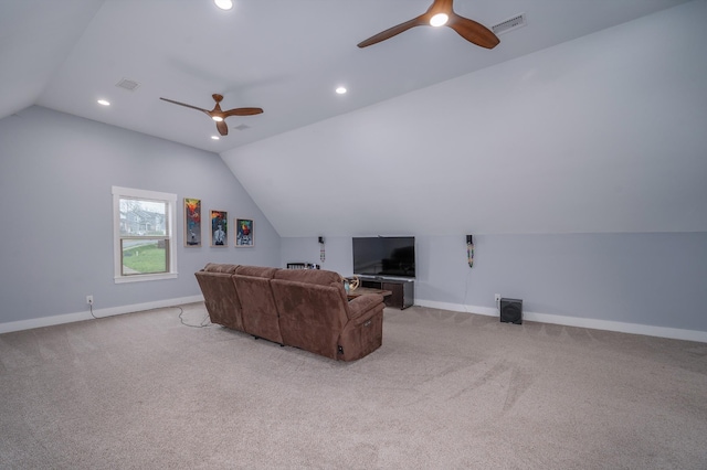822 Manner Ln, Lebanon, TN 37087 - carpeted living area featuring a ceiling fan, lofted ceiling, and recessed lighting