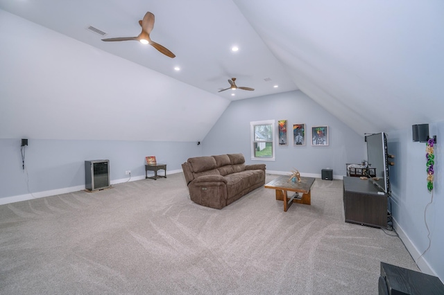 822 Manner Ln, Lebanon, TN 37087 - carpeted living room with vaulted ceiling, a ceiling fan, and recessed lighting