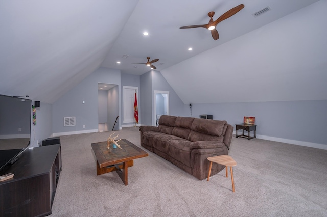 822 Manner Ln, Lebanon, TN 37087 - living area featuring ceiling fan, carpet floors, and vaulted ceiling