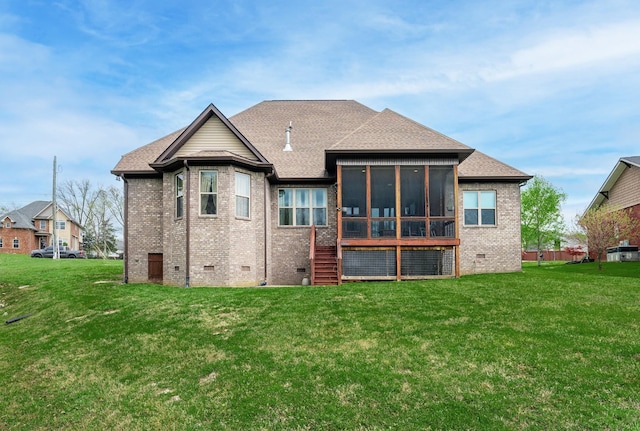 822 Manner Ln, Lebanon, TN 37087 - rear view of house featuring crawl space, brick siding, a sunroom, and a yard