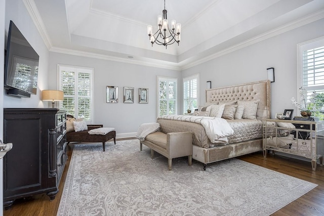 7216 Wildings Blvd, College Grove, TN 37046 - bedroom with a chandelier, wood finished floors, crown molding, and a tray ceiling