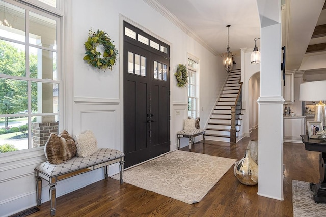 7216 Wildings Blvd, College Grove, TN 37046 - foyer with a decorative wall, stairway, crown molding, healthy amount of natural light, and dark wood-style flooring